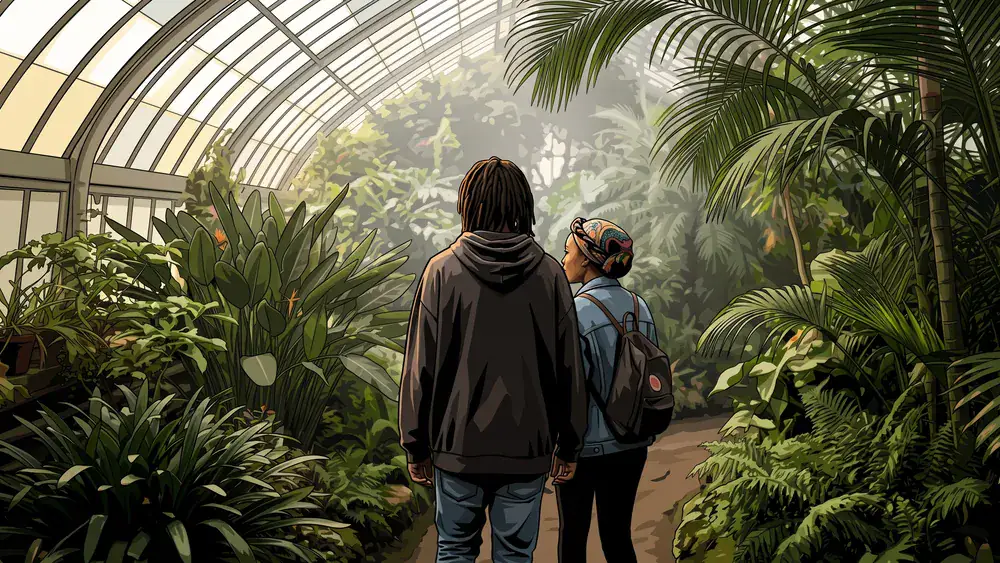 Botanischer Garten Kiel – Zwei Personen spazieren durch ein tropisches Gewächshaus