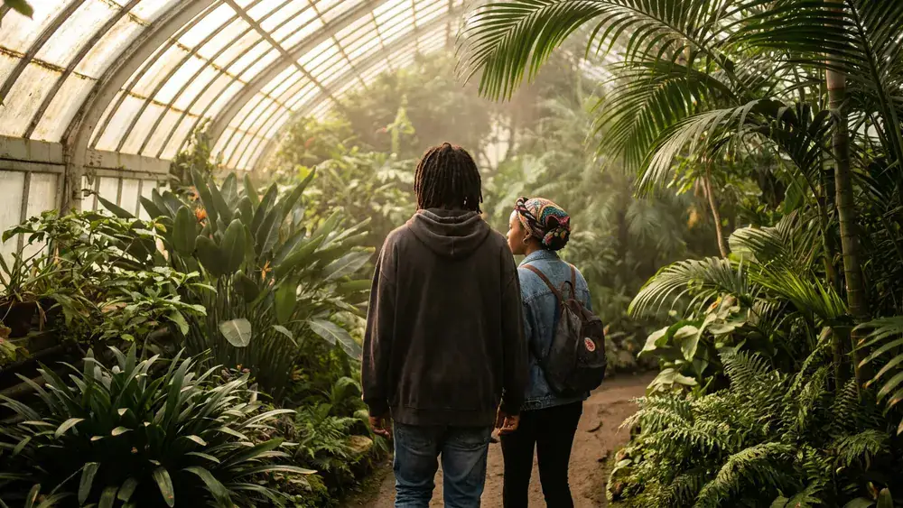 Botanischer Garten Kiel – Zwei Personen spazieren durch ein tropisches Gewächshaus
