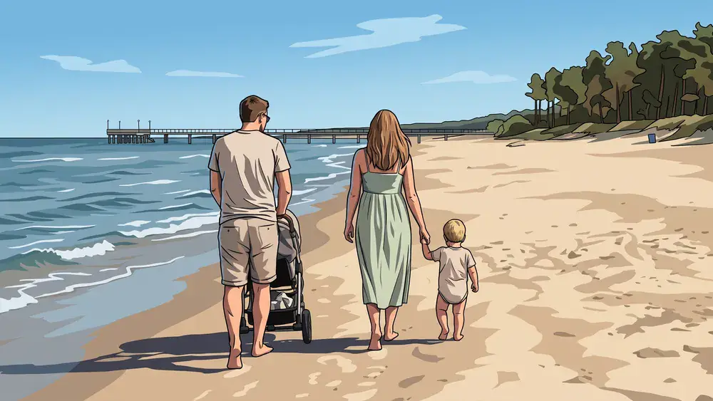 Falckensteiner Strand in Kiel – Familie spaziert am langen Ostseestrand entlang