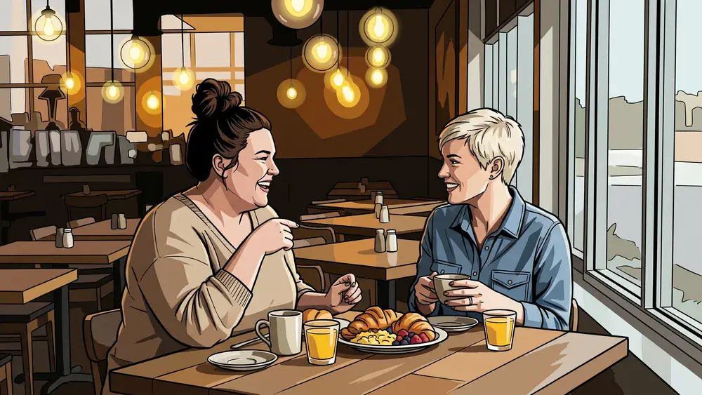 Manufactur Restaurant in Kiel – Zwei Personen brunchen am Buffet-Tisch mit Croissants und Kaffee