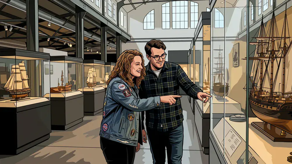 Schifffahrtsmuseum in Kiel – Zwei Personen betrachten maritime Exponate in der historischen Fischhalle