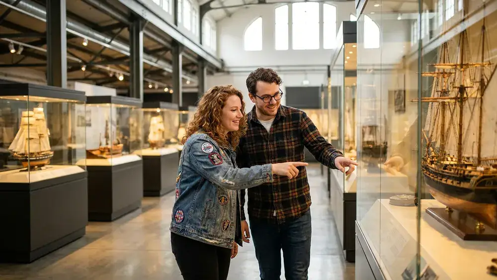 Schifffahrtsmuseum in Kiel – Zwei Personen betrachten maritime Exponate in der historischen Fischhalle