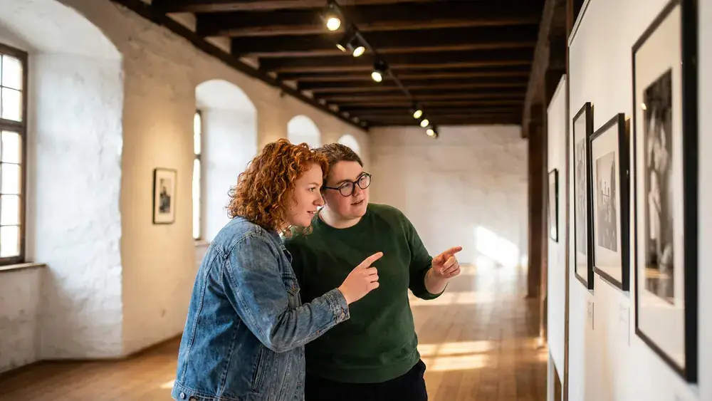 Stadtmuseum Warleberger Hof in Kiel – Zwei Personen betrachten historische Fotografien im Kieler Adelspalais