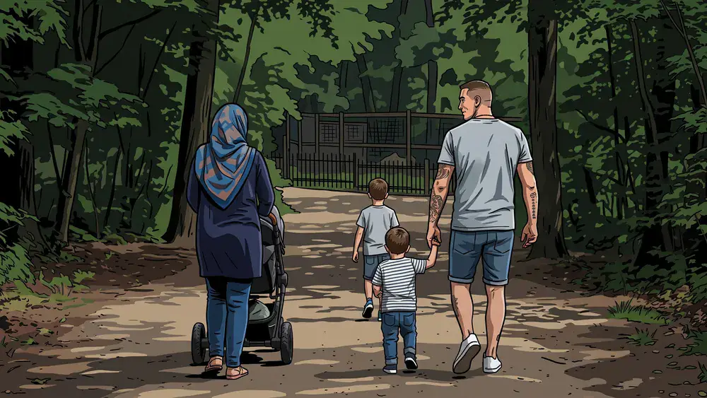 Tierpark Gettorf bei Kiel – Familie mit Kindern spaziert durch den Zoo mit bewaldeten Gehegen