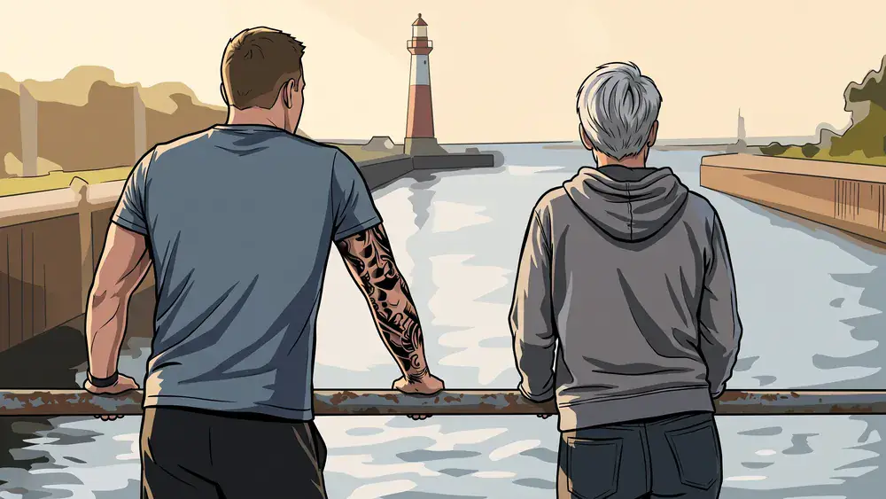 Tiessenkai in Kiel – Zwei Personen blicken auf den Nord-Ostsee-Kanal mit Leuchtturm