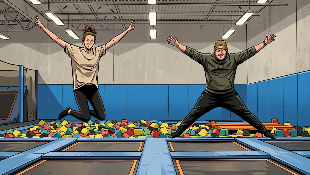 SPRUNG.RAUM Kiel – Zwei Personen springen auf Trampolinen in einem modernen Indoor-Park