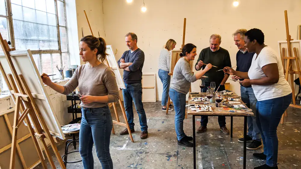 ArtNight in Kiel – Kollegen malen an Staffeleien mit einem Glas Wein dabei