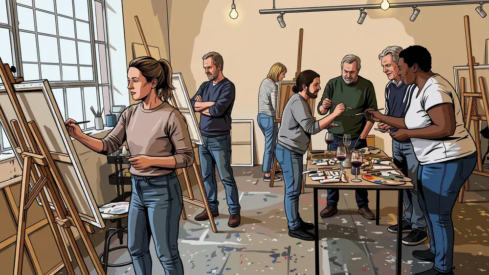 ArtNight in Kiel – Kollegen malen an Staffeleien mit einem Glas Wein dabei