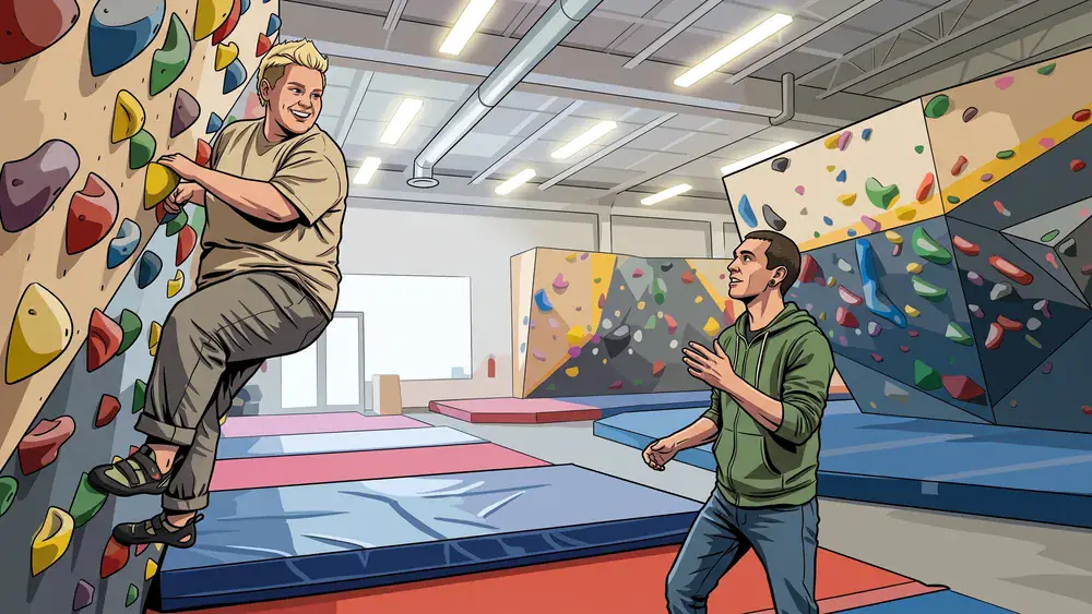urban apes Kiel – Team bouldert gemeinsam in einer großen Halle mit bunten Klettergriffen