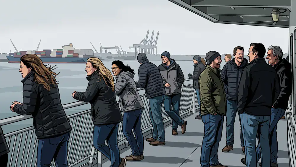 Fördeschifffahrt in Kiel – Kollegen stehen an der Reling einer Fähre auf der Kieler Förde