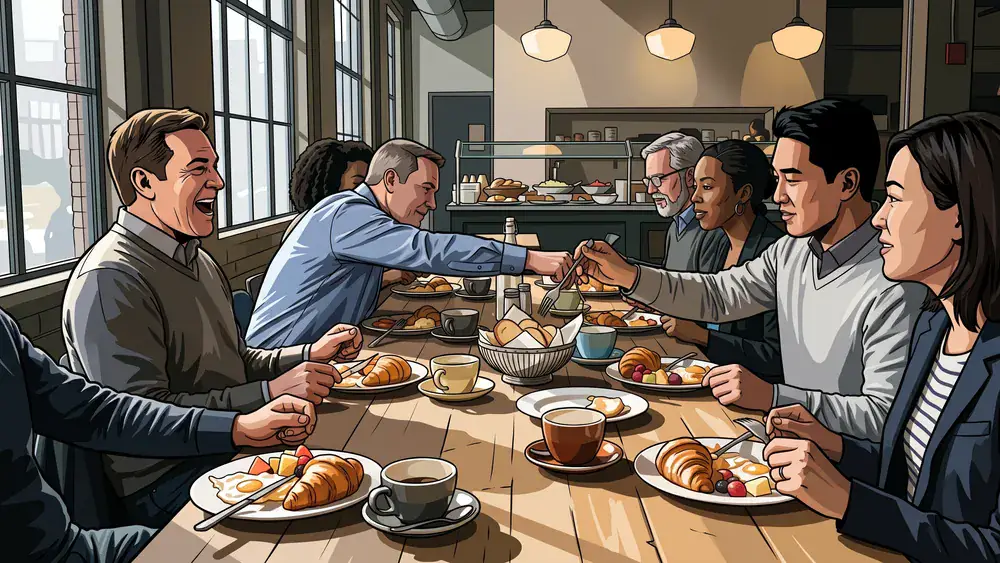 Manufactur Restaurant in Kiel – Kollegen brunchen gemeinsam am Buffet-Tisch mit Croissants und Kaffee
