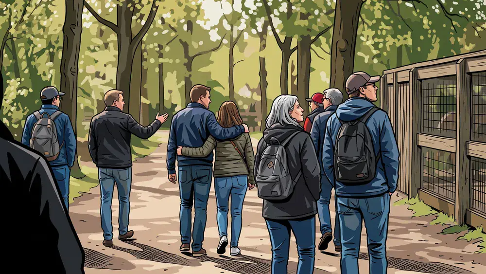 Tierpark Gettorf bei Kiel – Kollegen spazieren durch den Zoo mit bewaldeten Gehegen