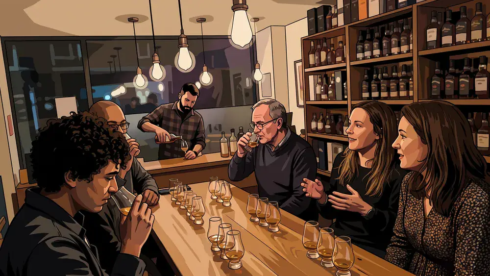 Whisky-Tasting in Kiel – Kollegen verkosten an einer Tafel mehrere Whiskys