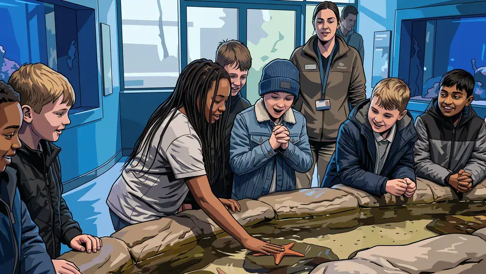 Aquarium GEOMAR in Kiel – Schulklasse am Fühlbecken mit Seesternen und Krebsen