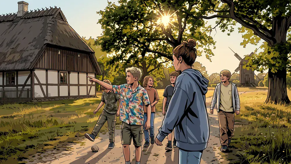 Freilichtmuseum Molfsee – Schulklasse zwischen historischen Reetdachhäusern auf dem Museumsgelände