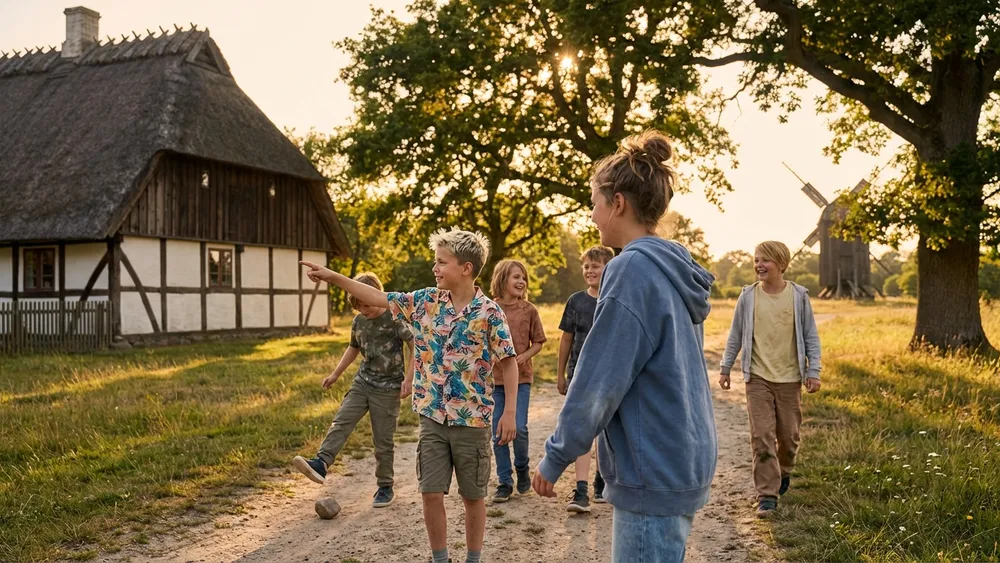 Freilichtmuseum Molfsee – Schulklasse zwischen historischen Reetdachhäusern auf dem Museumsgelände