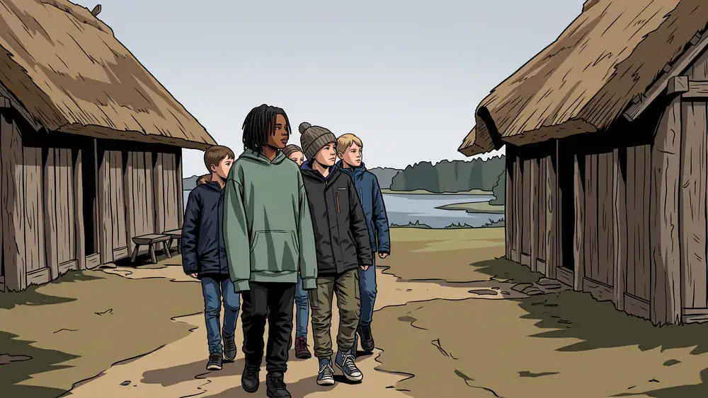 Wikinger Museum Haithabu – Schulklasse zwischen rekonstruierten Wikingerhäusern am Haddebyer Noor
