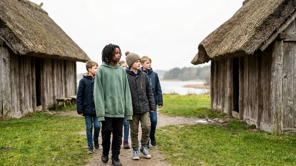Wikinger Museum Haithabu – Schulklasse zwischen rekonstruierten Wikingerhäusern am Haddebyer Noor