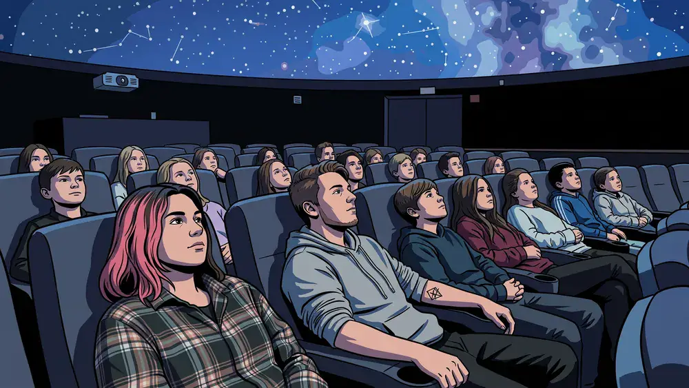 Mediendom in Kiel – Schulklasse schaut auf den projizierten Sternenhimmel in der Planetariumskuppel