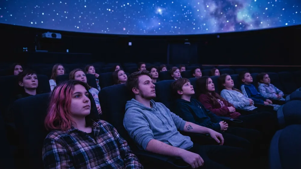 Mediendom in Kiel – Schulklasse schaut auf den projizierten Sternenhimmel in der Planetariumskuppel