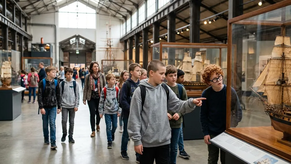 Schifffahrtsmuseum in Kiel – Schulklasse betrachtet maritime Exponate in der historischen Fischhalle