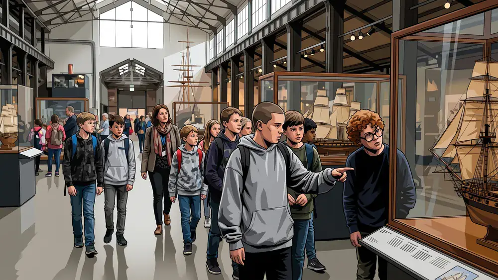 Schifffahrtsmuseum in Kiel – Schulklasse betrachtet maritime Exponate in der historischen Fischhalle
