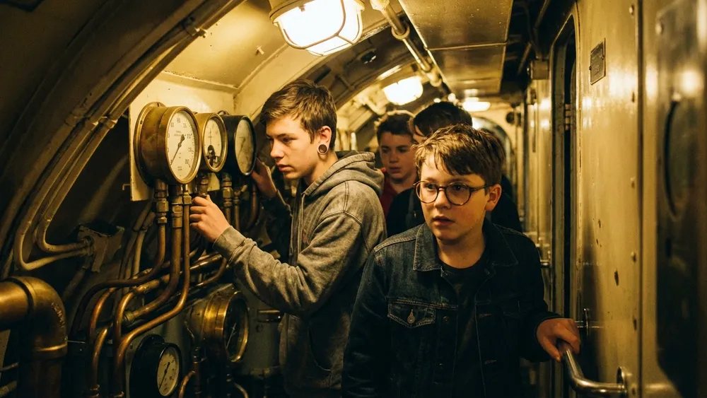 U-Boot U995 in Laboe – Schulklasse klettert durch den engen Gang des historischen U-Boots