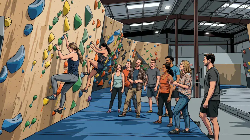 Bouldern in Kiel – Kollegen klettern gemeinsam in einer großen Halle mit bunten Klettergriffen