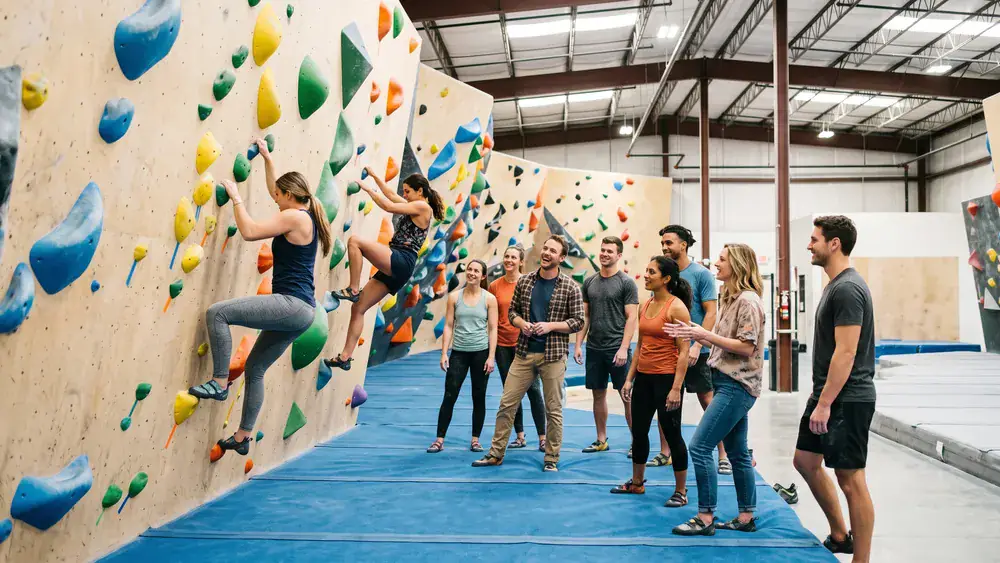 Bouldern in Kiel – Kollegen klettern gemeinsam in einer großen Halle mit bunten Klettergriffen