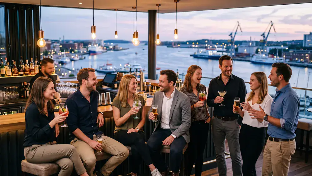 Deck 8 in Kiel – Kollegen trinken Cocktails an der Bar mit Panoramablick auf die Kieler Förde