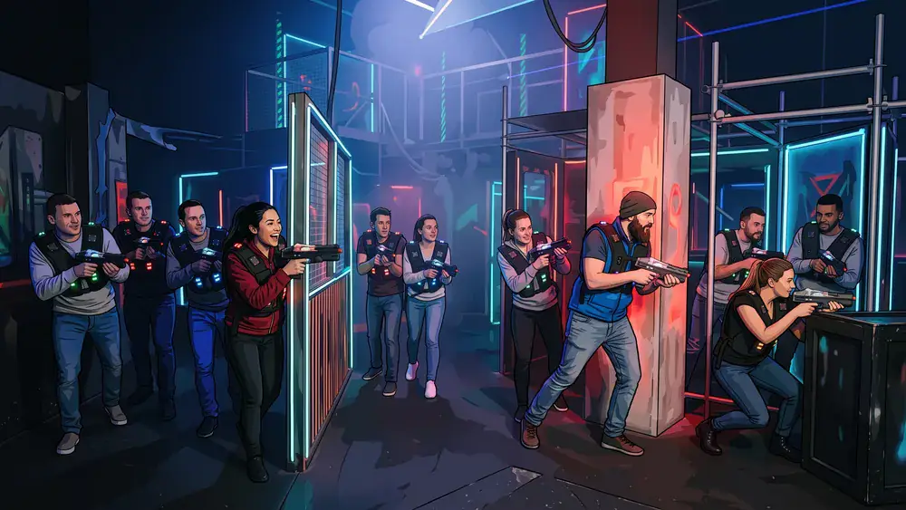 Lasertag in Kiel – Kollegen in Westen spielen zur Weihnachtsfeier in einer dunklen Neon-Arena