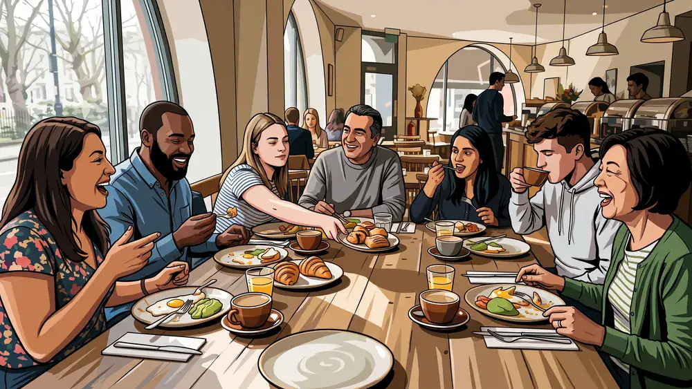 Manufactur Restaurant in Kiel – Kollegen brunchen zur Weihnachtsfeier gemeinsam am Buffet-Tisch