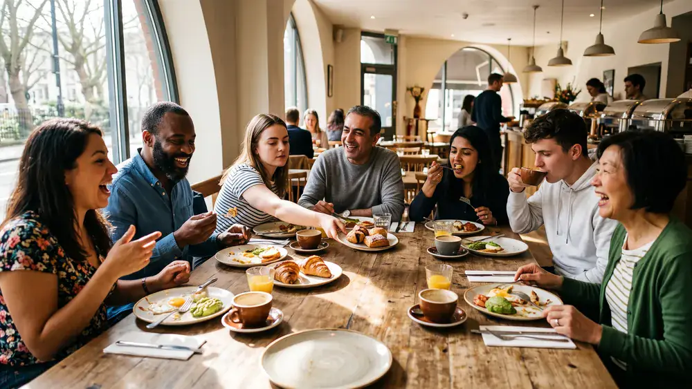 Manufactur Restaurant in Kiel – Kollegen brunchen zur Weihnachtsfeier gemeinsam am Buffet-Tisch