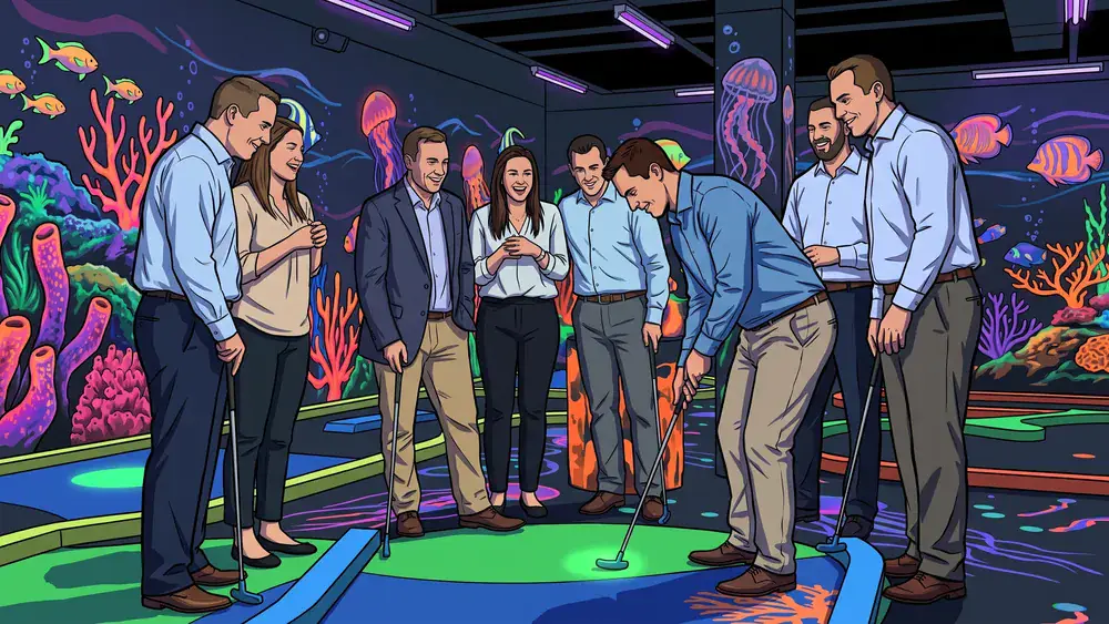 Schwarzlicht Minigolf in Kiel – Kollegen spielen Minigolf in leuchtenden Neonfarben zur Weihnachtsfeier