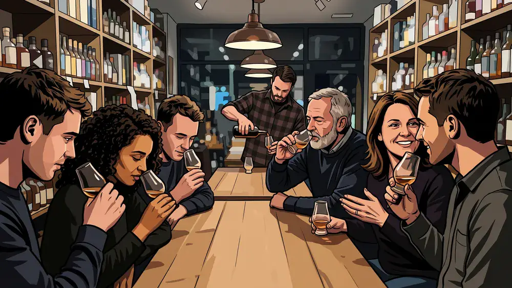Whisky Tasting in Kiel – Kollegen verkosten zur Weihnachtsfeier an einer Tafel mehrere Whiskys