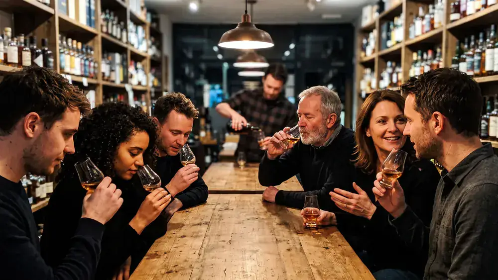 Whisky Tasting in Kiel – Kollegen verkosten zur Weihnachtsfeier an einer Tafel mehrere Whiskys