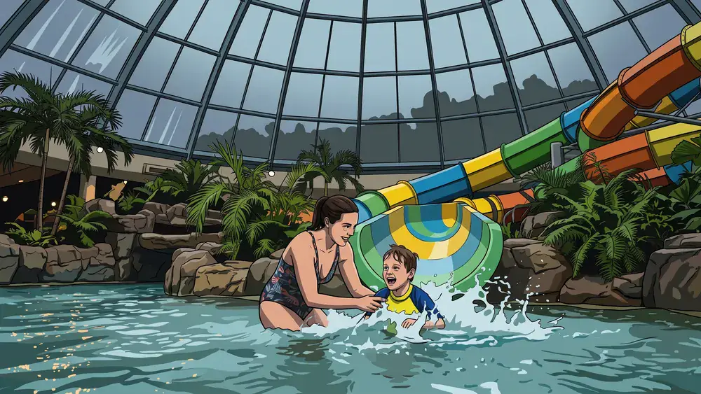 Aqualand in Köln – Familie im Spaßbad unter der Glaskuppel, auf die draußen der Regen prasselt