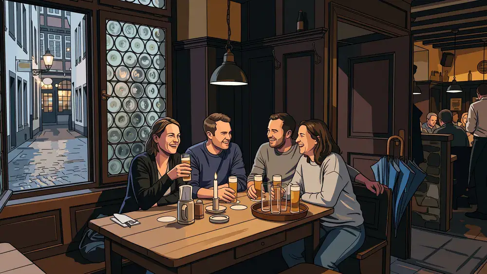 Brauhaus in Köln – Gruppe trinkt Kölsch am Holztisch, draußen regnet es auf die Altstadtgasse