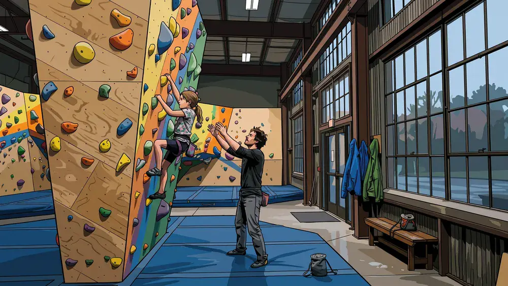Kletterfabrik in Köln – Eltern und Kind bouldern, während Regen an den Fabrikfenstern herunterläuft
