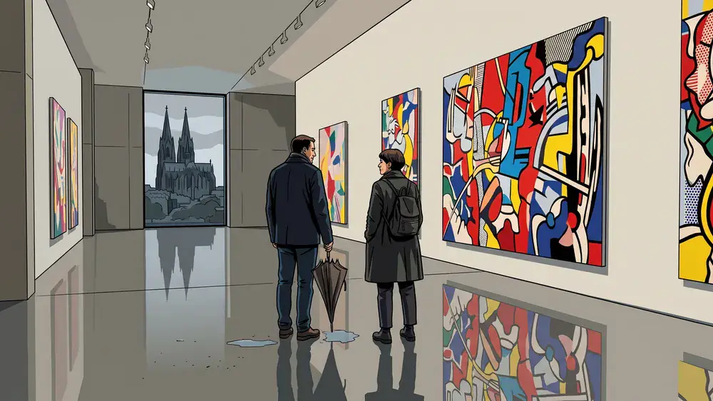 Museum Ludwig in Köln – Zwei Personen vor Pop-Art, durchs Fenster regnet es vor der Dom-Silhouette