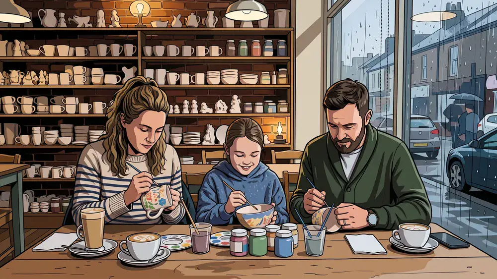 Pottery Art Café in Köln – Familie bemalt Keramik am Cafétisch, draußen regnet es gegen die Scheibe