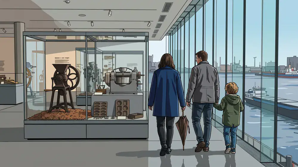 Schokoladenmuseum in Köln – Familie mit Regenschirm in der Ausstellung, Regen läuft an der Glasfassade herunter