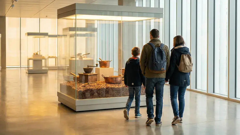 Schokoladenmuseum in Köln – Besucher erkunden die Ausstellung im lichtdurchfluteten Museumsgebäude