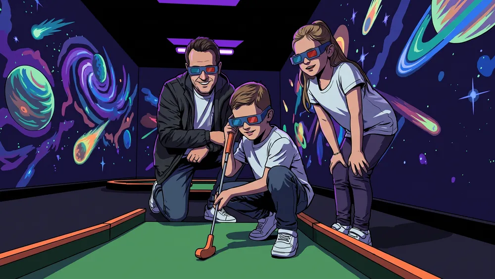 Schwarzlicht Minigolf in Köln – Familie spielt mit 3D-Brillen Minigolf in leuchtender Neonwelt