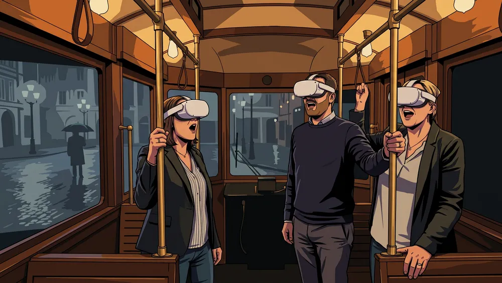 TimeRide VR in Köln – Drei Personen mit VR-Brillen in der historischen Straßenbahn, draußen Regen auf dem Platz