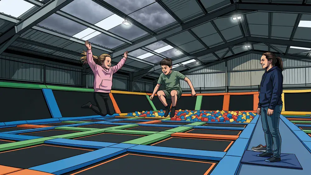 Trampolinpark in Köln – Kinder springen in der Halle, während Regen auf die Oberlichter prasselt