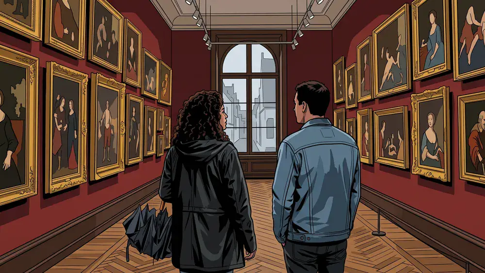 Wallraf-Richartz-Museum in Köln – Zwei Personen mit Regenschirm betrachten alte Meister in einer Galerie