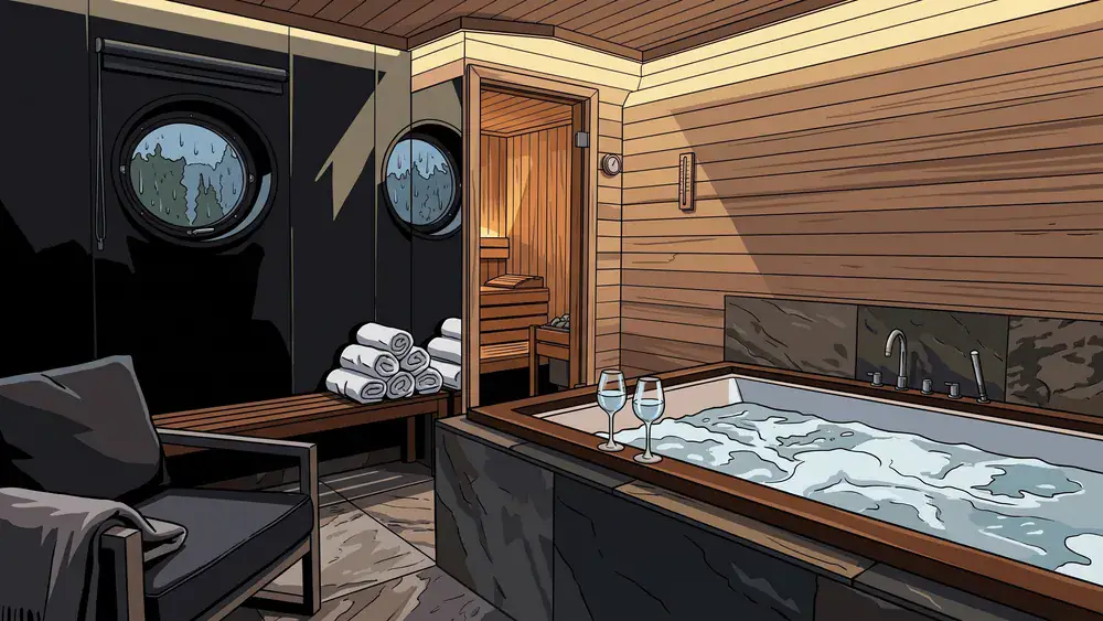 Wellnest Private Spa in Köln – Private Wellness-Kabine mit Whirlpool und Sauna, Regen am kleinen Fenster