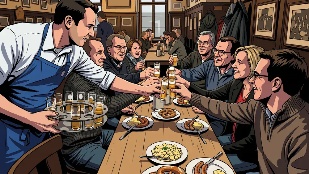 Brauhaus in Köln - Erwachsene stoßen an einem langen Holztisch mit Kölsch an