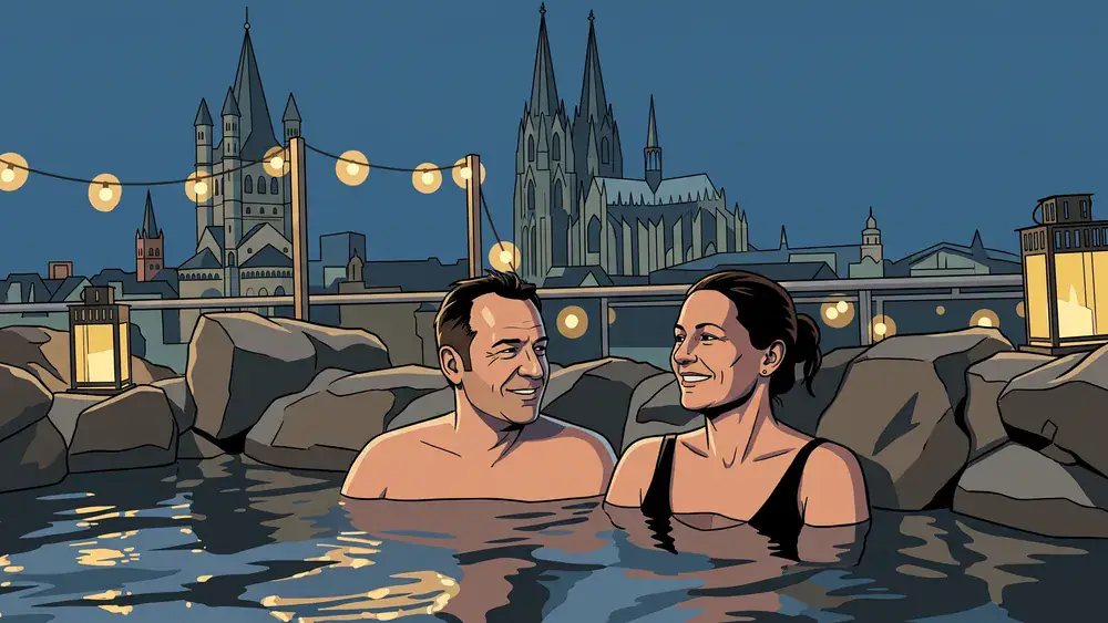 Claudius Therme in Köln - Erwachsene entspannen im warmen Thermalbecken mit Blick Richtung Stadt